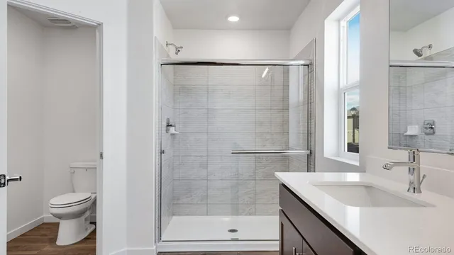 a bathroom with a granite countertop sink toilet and shower