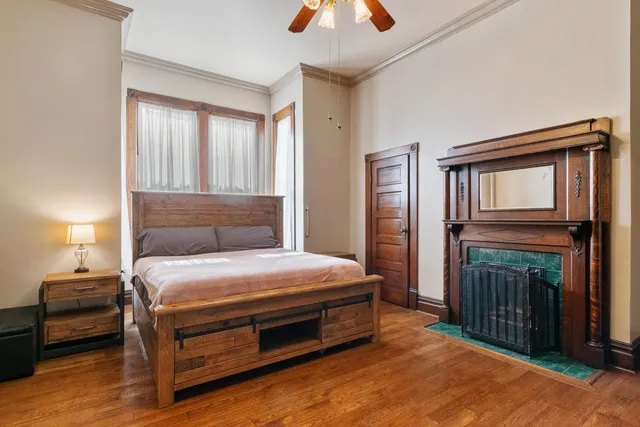 an aerial view of a house with a garden