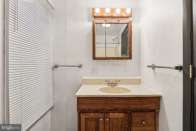 a bathroom with a sink vanity and a mirror