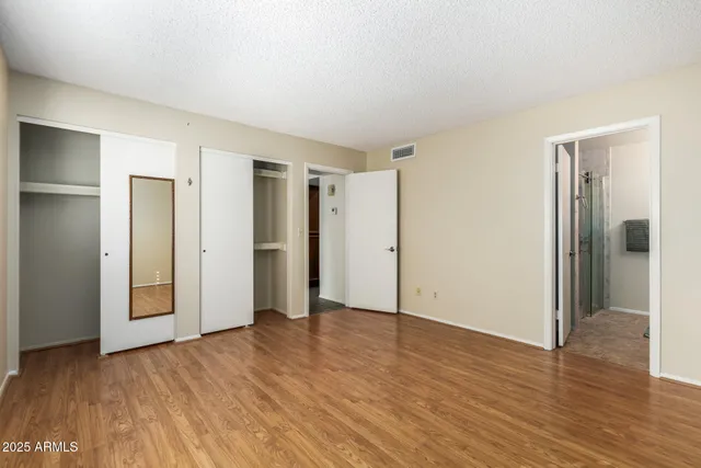 an empty room with wooden floor & closet area