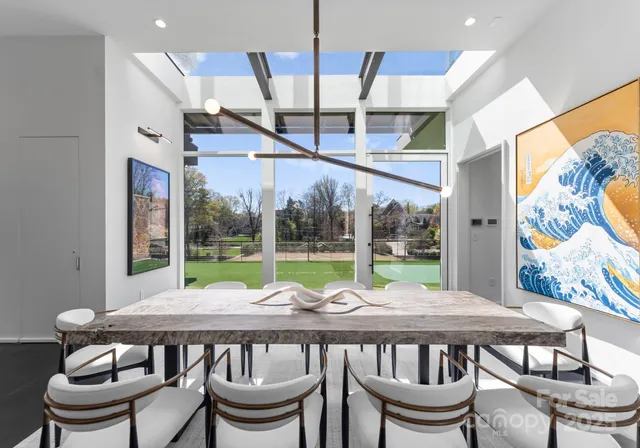 a view of a dining room with furniture window and outside view