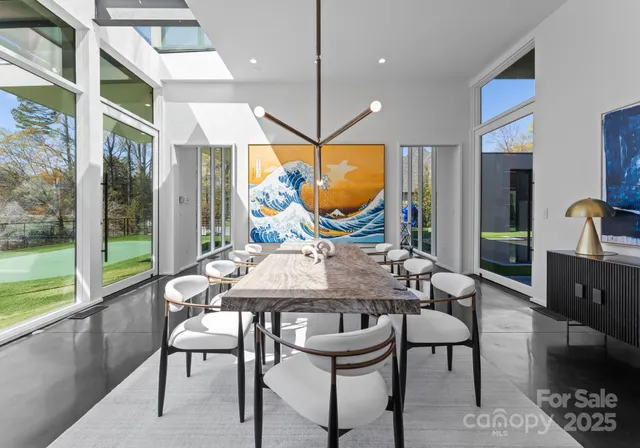 a view of a dining room with furniture window and outside view