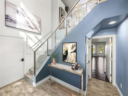 a view of a dining room with furniture