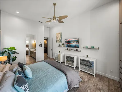 a view of a lake with beach and mountain view