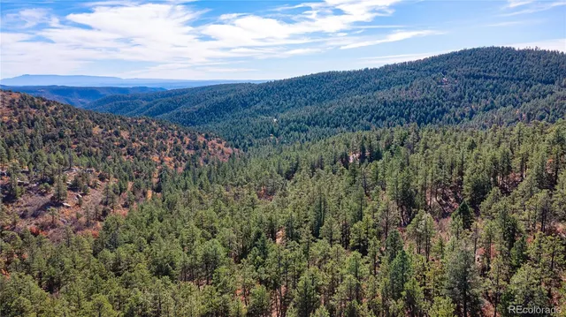 a view of a lush green outdoor space with a swimming pool and valleys in the background