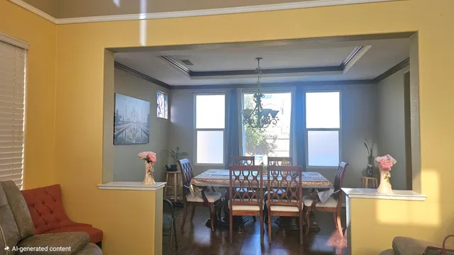 a view of a dining room with furniture and wooden floor