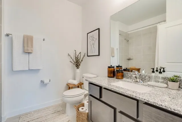a bathroom with a granite countertop sink a toilet and shower