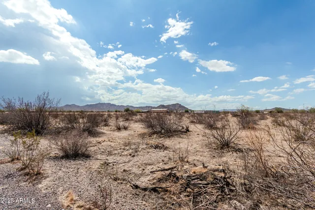 a view of a dry yard with mountains in the background