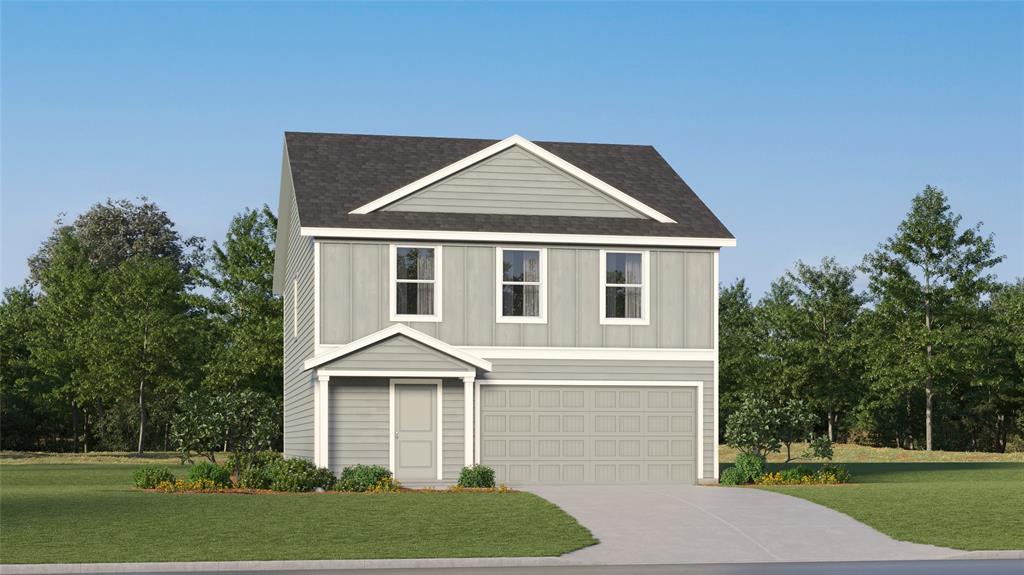 Traditional home featuring roof with shingles, an attached garage, concrete driveway, a front yard, and board and batten siding