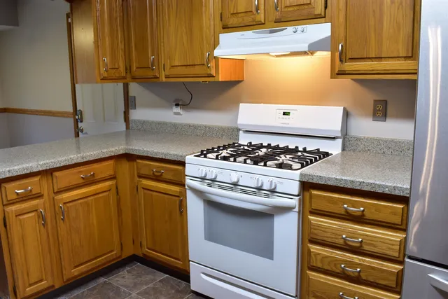 a kitchen with stainless steel appliances granite countertop a sink and a refrigerator