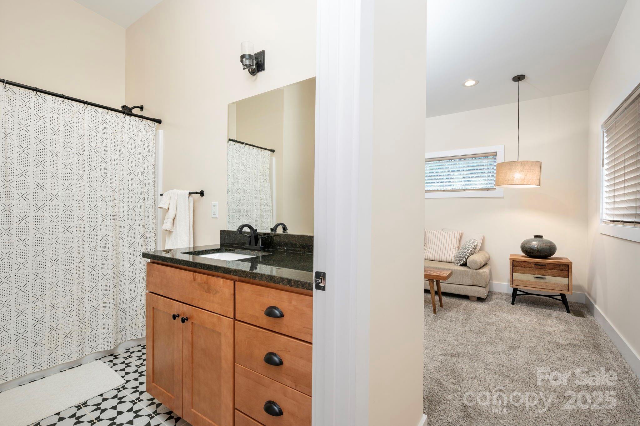20 Garden Road Asheville, NC 28804 - Photo 41 of 44 a bathroom with a granite countertop sink a mirror and a shower
