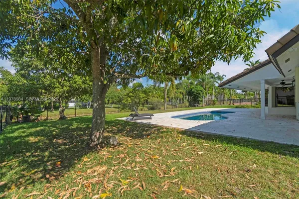 a view of a yard with large trees