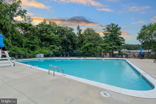 a view of a swimming pool and trees in the background