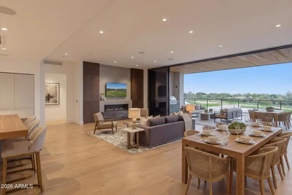 a view of a terrace with city view