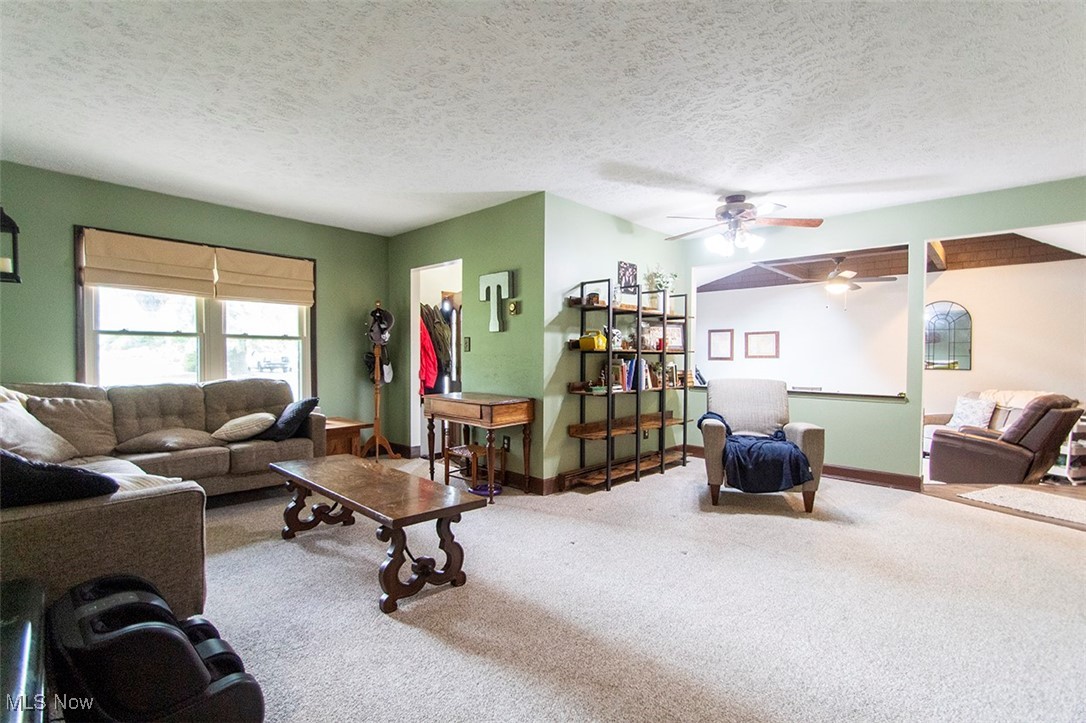 8559 Crow Road Litchfield, OH 44253 - Photo 12 of 27 Living room featuring a textured ceiling, carpet flooring, and ceiling fan