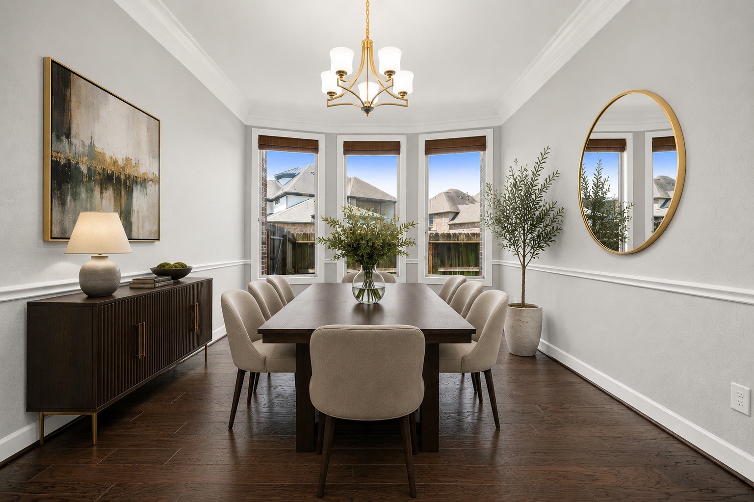 3622 Sage Hollow Drive Spring, TX 77386 - Photo 16 of 46 Host unforgettable dinners in the formal dining room, intricately detailed with two-piece compound crown molding, a classic chair rail, an elegant chandelier, and a dramatic bay window frame. Virtually staged.