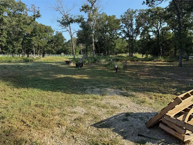 a view of a park with large trees