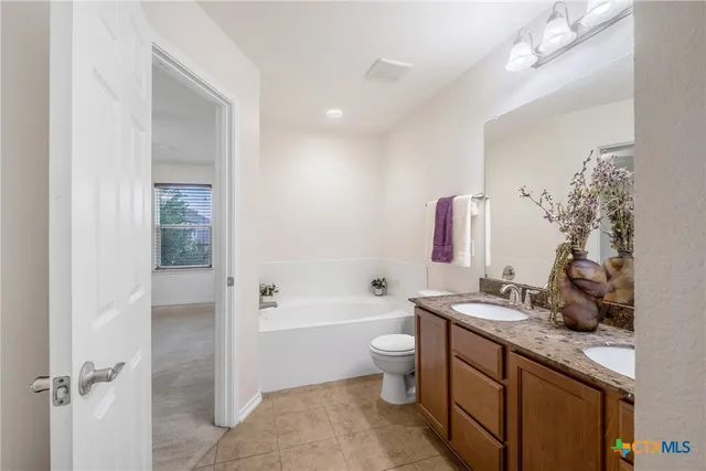 a bathroom with a granite countertop sink a toilet and shower