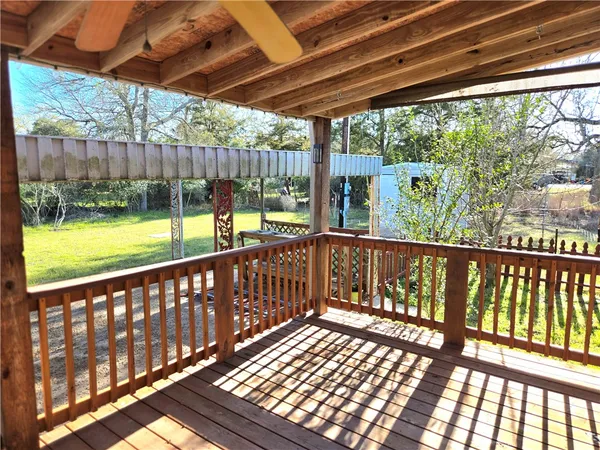 a view of a wooden balcony