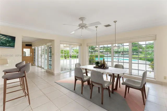a view of a dining room with furniture window and outside view