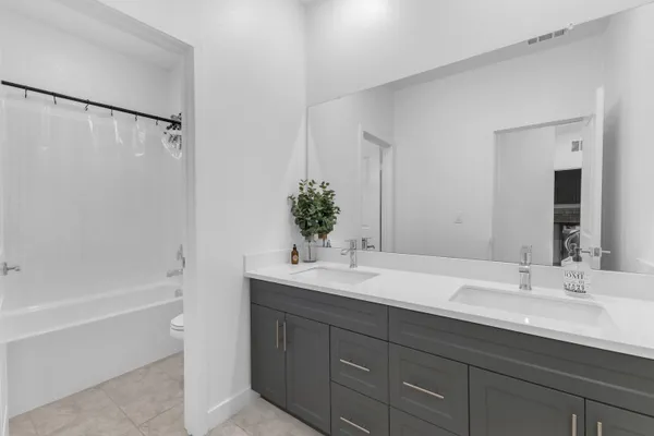a bathroom with a sink double vanity granite tub shower and a mirror