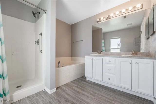a bathroom with a tub a double vanity sink and mirror