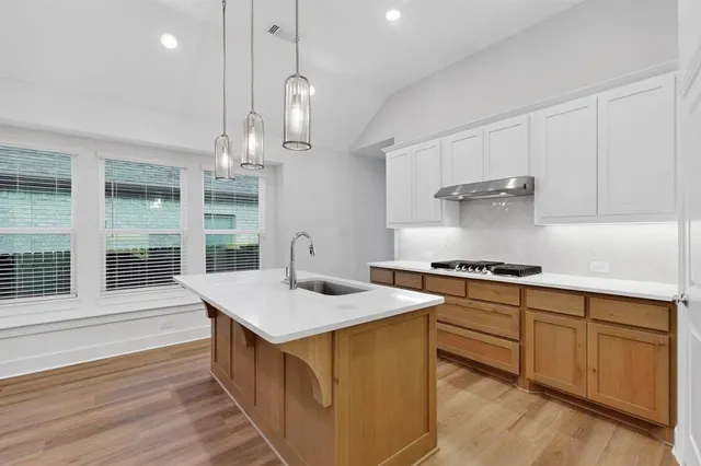 a kitchen with stainless steel appliances granite countertop a sink a stove and a wooden floors