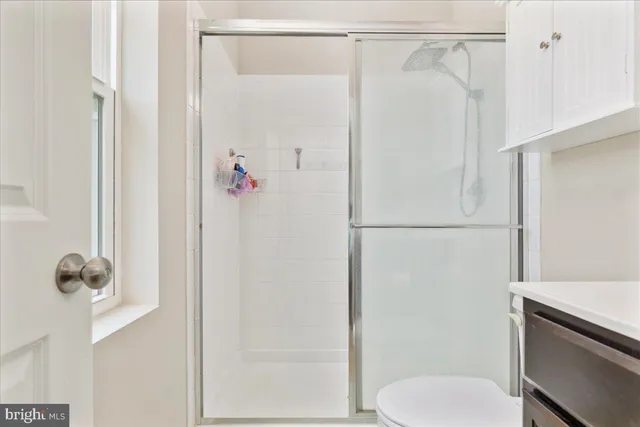 a bathroom with a shower and a toilet