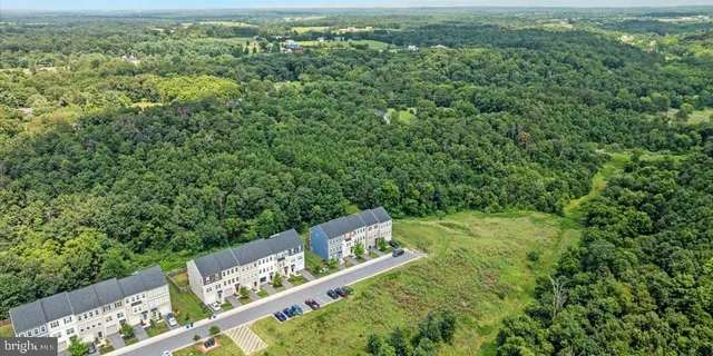 a view of a city with lush green forest