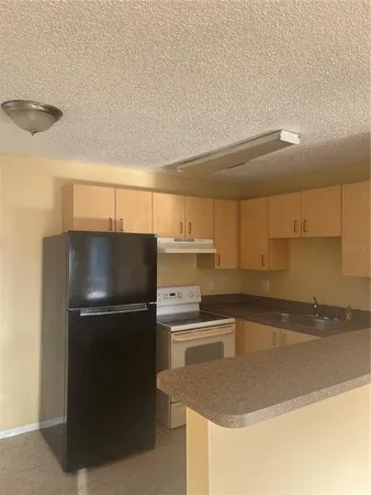a kitchen with a refrigerator and a sink