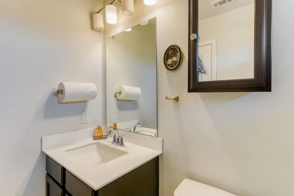 a bathroom with a sink vanity and a mirror