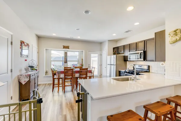 a large kitchen with lots of counter space