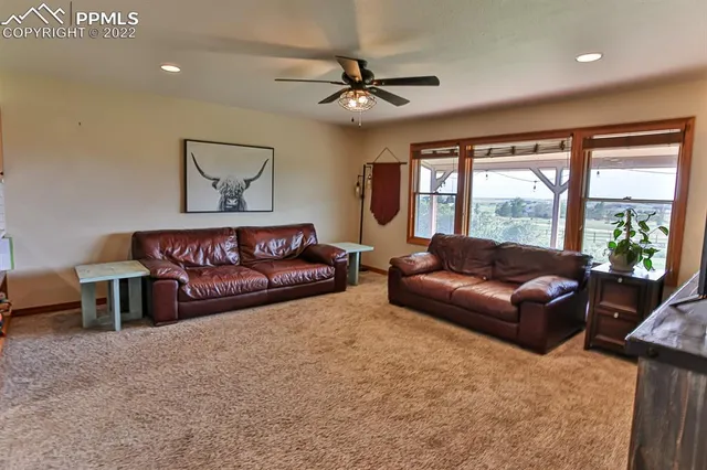 a living room with furniture ceiling fan and a rug