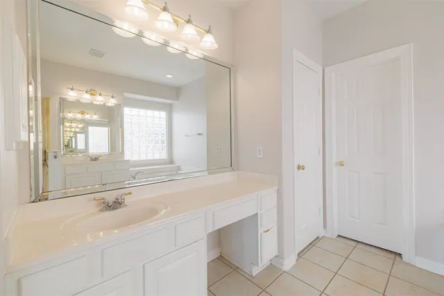 a bathroom with a sink a large mirror and a shower