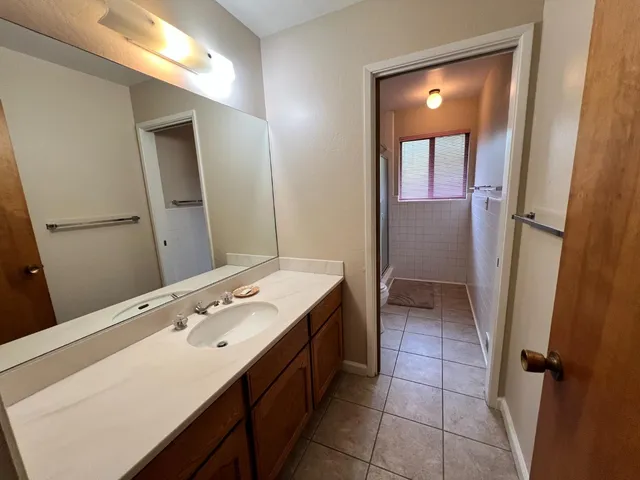 a bathroom with a sink a mirror and a shower