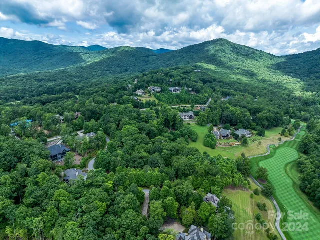 an aerial view of residential houses with outdoor space and trees