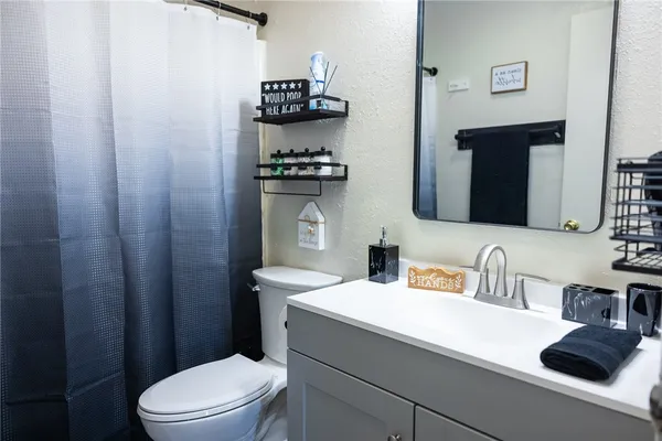 a bathroom with a sink a toilet and mirror