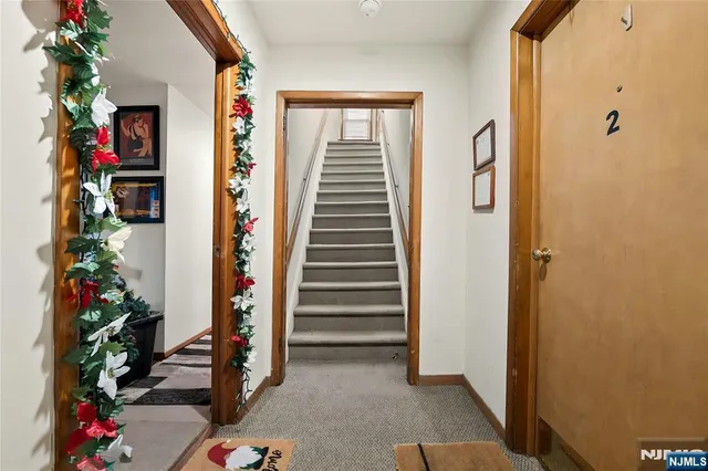 an entryway with wooden floor and a potted plant