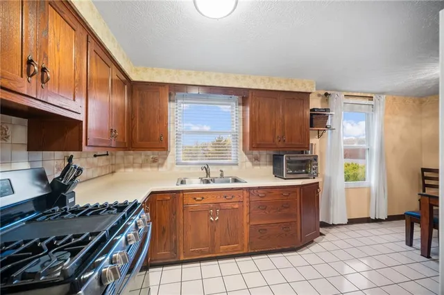 a kitchen with a stove a sink and a refrigerator