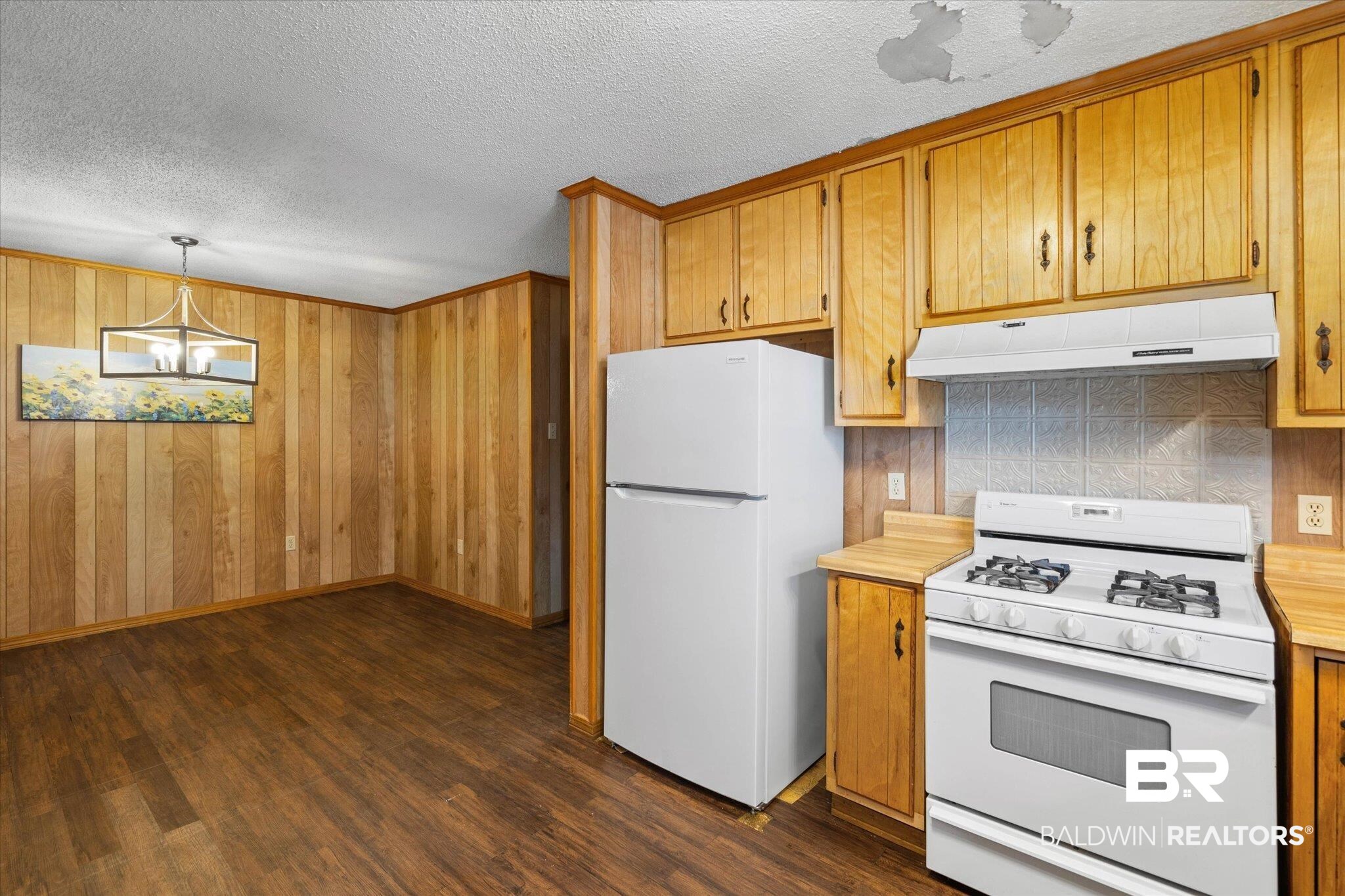 5503 Darring Street Satsuma, AL 36572 - Photo 9 of 31 Kitchen featuring white appliances, range hood, light countertops, dark wood finished floors, and a textured ceiling