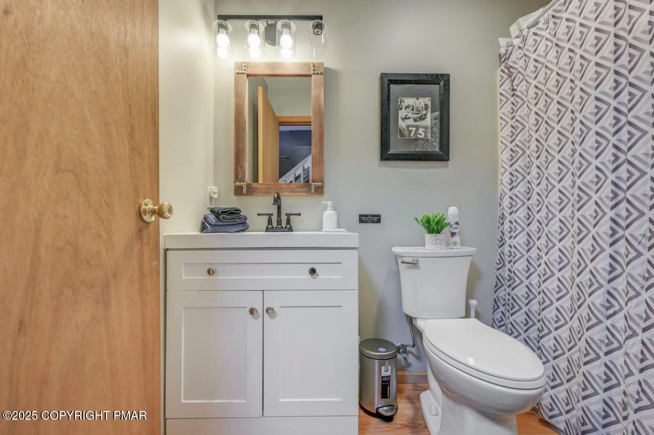 238 King Arthur Road Pocono Lake, PA 18347 - Photo 72 of 95 a bathroom with a toilet a sink and a mirror