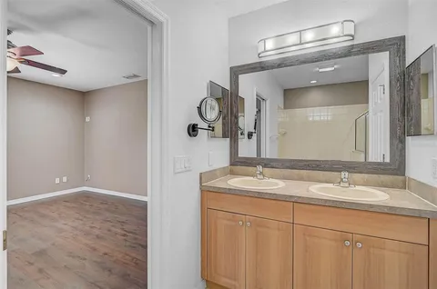 a bathroom with a sink and a mirror