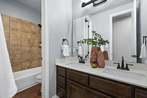 a bathroom with a double vanity sink a shower and a mirror