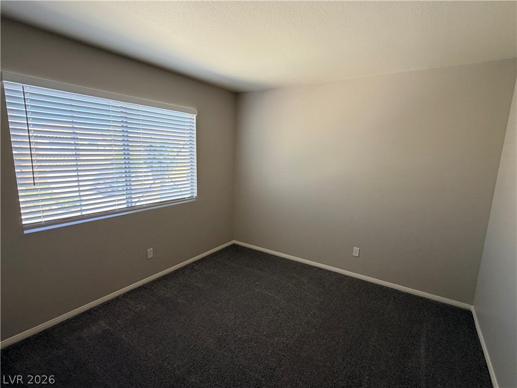 A spacious bedroom features neutral walls, dark plush carpeting, and a large window.