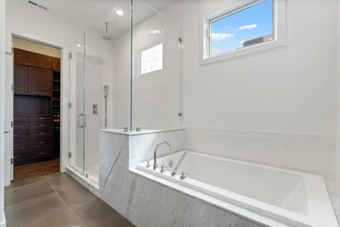 a bathroom with a bathtub and a shower