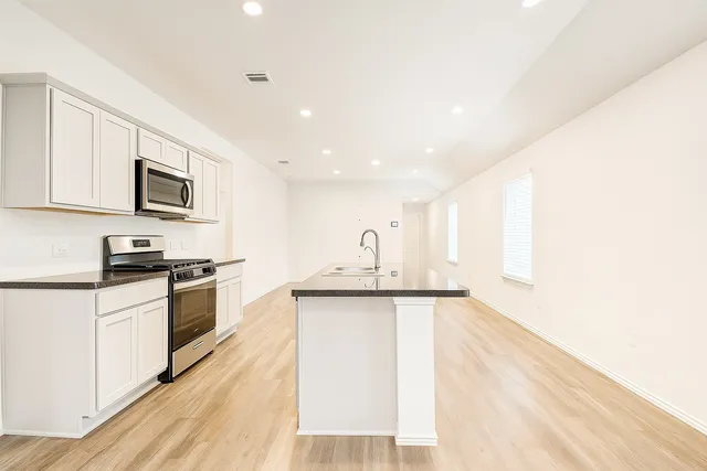 a kitchen with stainless steel appliances granite countertop a stove and a sink