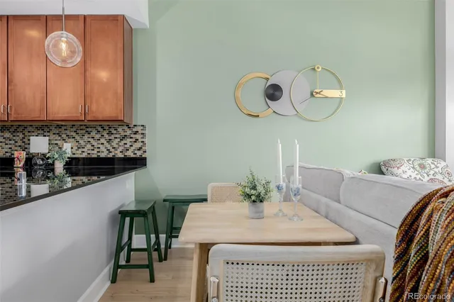a view of a dining room with furniture
