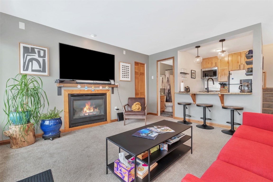 1800 Burgess Creek Road, Unit 205 Steamboat Springs, CO 80487 - Photo 9 of 37 a living room with furniture fireplace and a flat screen tv