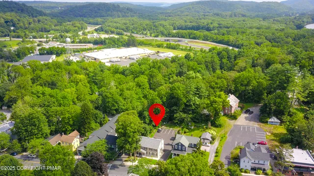 an aerial view of residential houses with outdoor space and trees