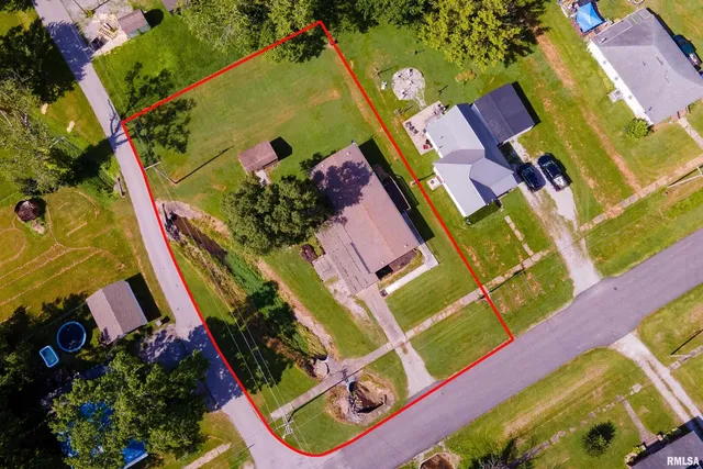 an aerial view of a house with a yard and potted plants